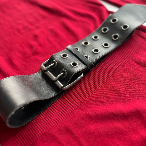 VTG 80s belt 35” black leather double loop silver big buckle waist - Picture 2 of 12